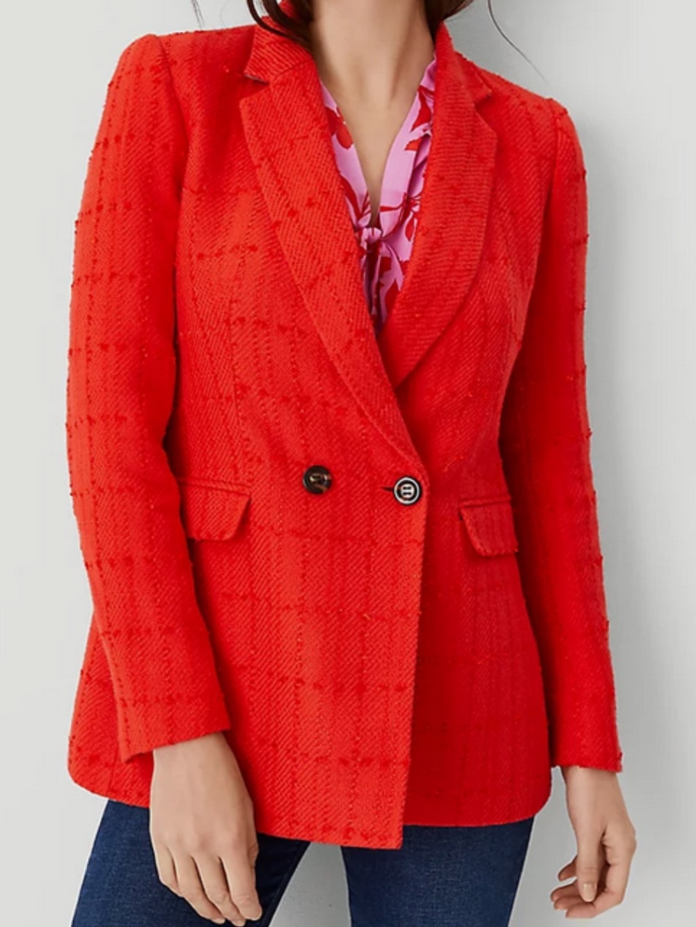 Ann Taylor Petite Orange Plaid Tweed Double Breasted Blazer Size 4P